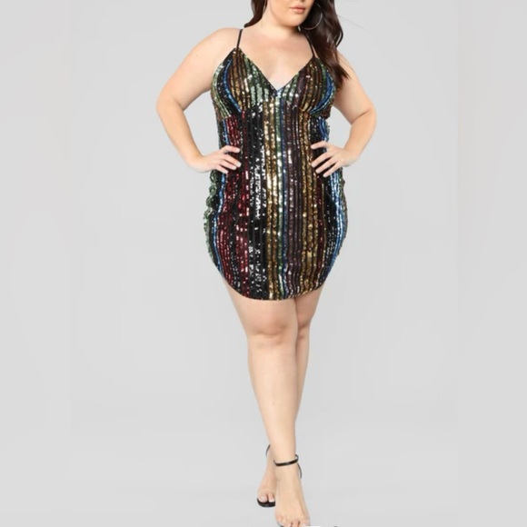 Fashion Nova Black and Green Sequin striped Dress adjustable straps NWT size L - Picture 1 of 16